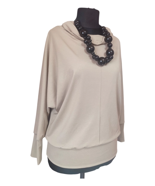 Jesienna bluzka KIMONO ze ściągaczami i z golfem - beżowa